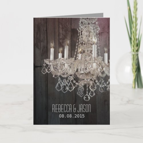 Rustic barn wood chandelier wedding invitation