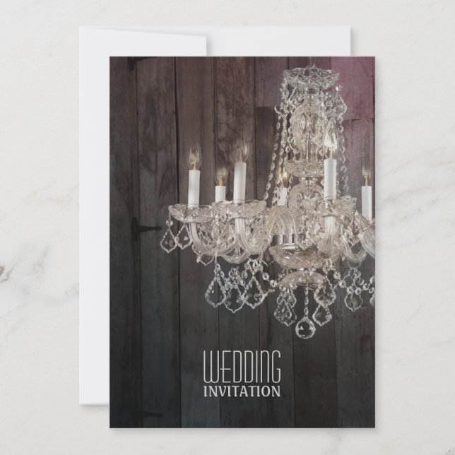 Rustic barn wood chandelier wedding invitation (Front)