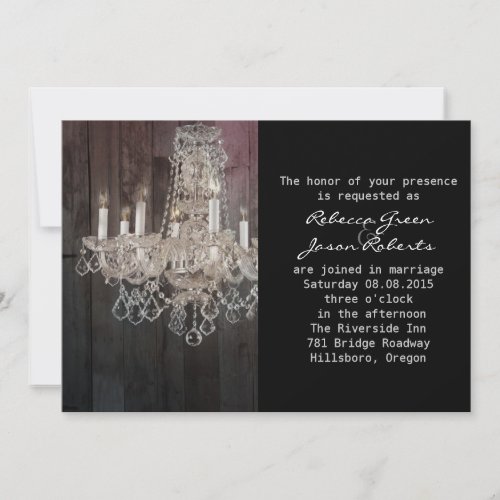 Rustic barn wood chandelier wedding invitation