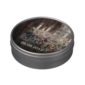 Rustic barn wood chandelier wedding jelly belly candy tins