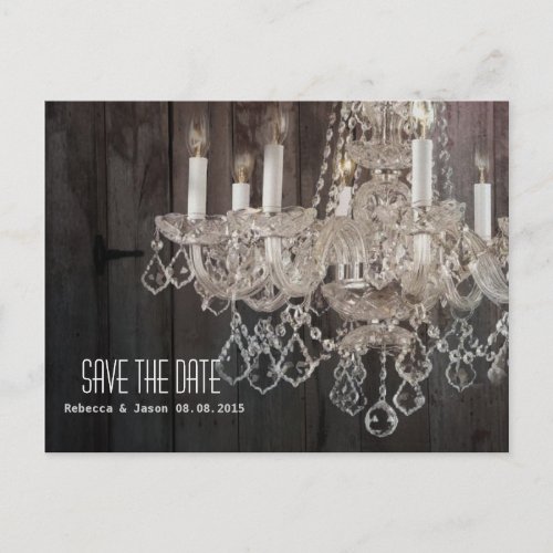 Rustic barn wood chandelier wedding save the date announcement postcard