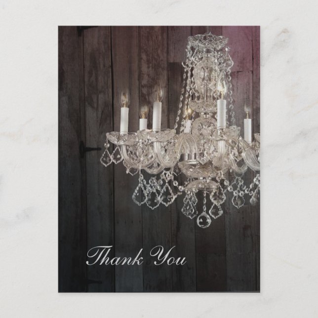 Rustic barn wood chandelier wedding thank you postcard (Front)