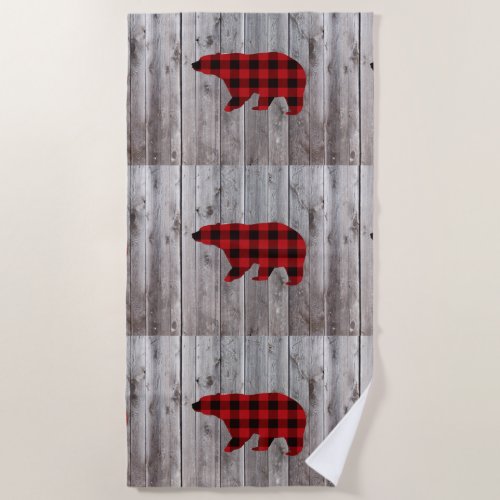 rustic barn wood christmas red buffalo plaid bear beach towel