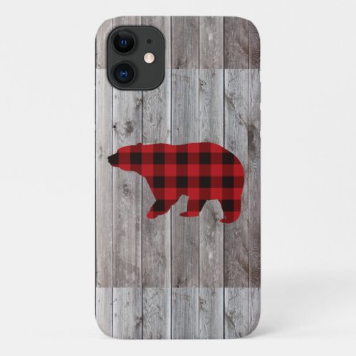rustic barn wood christmas red buffalo plaid bear iPhone 11 case