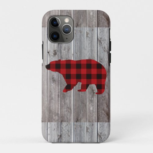 rustic barn wood christmas red buffalo plaid bear iPhone 11 pro case