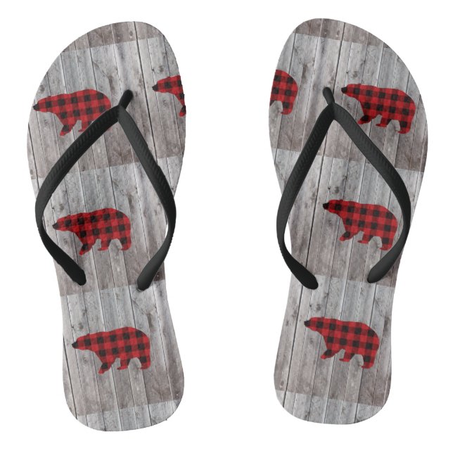 rustic barn wood christmas red buffalo plaid bear flip flops (Footbed)