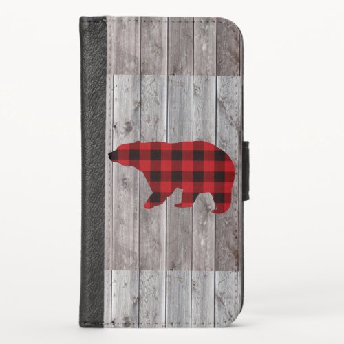 rustic barn wood christmas red buffalo plaid bear iPhone x wallet case