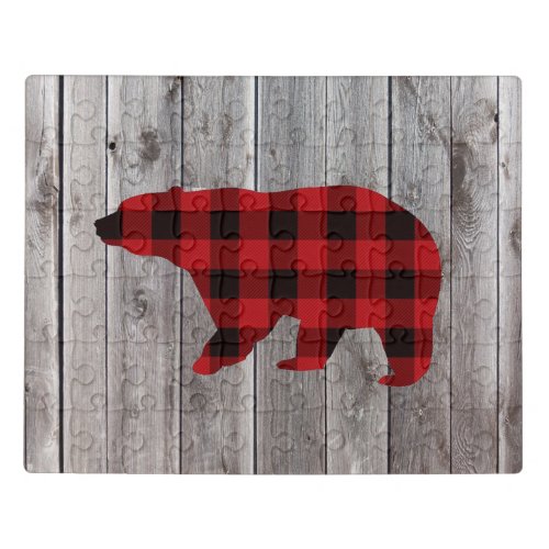 rustic barn wood christmas red buffalo plaid bear jigsaw puzzle