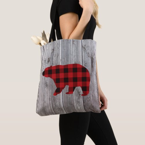 rustic barn wood christmas red buffalo plaid bear tote bag