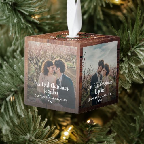 Rustic barn wood christmas together photo cube ornament