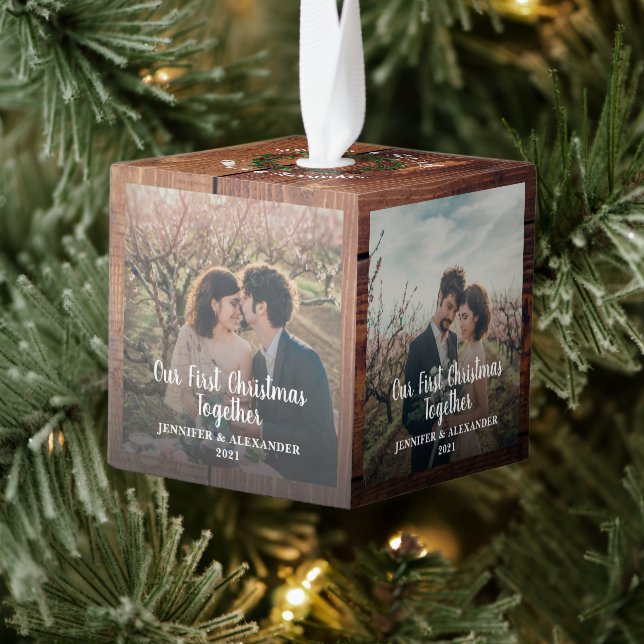 Rustic barn wood christmas together photo cube ornament (Tree)