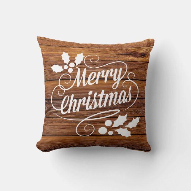 Rustic Barn Wood Christmas Typography Throw Pillow (Front)
