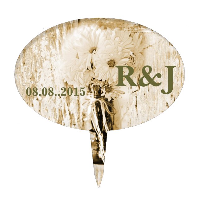 rustic barn wood country daisy wedding cake topper (Front)