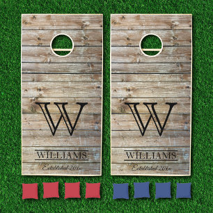 Rustic Barn Wood Country Family Name Monogram Cornhole Set