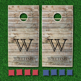 Rustic Barn Wood Country Family Name Monogram Cornhole Set