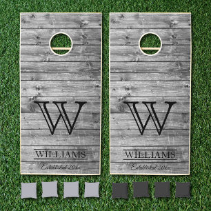 Rustic Barn Wood Country Family Name Monogram Grey Cornhole Set