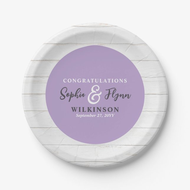 Rustic Barn Wood Country Farm Purple Wedding Paper Plates (Front)