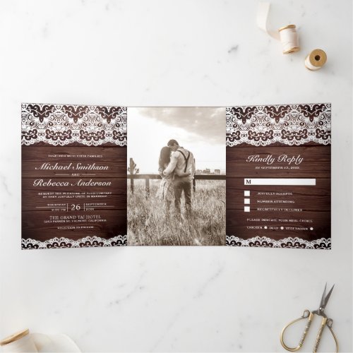 Rustic Barn Wood Country Lace All in One Wedding Tri_Fold Invitation