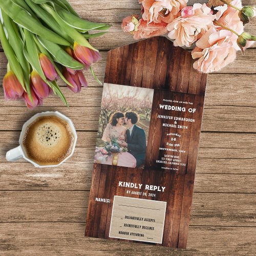 Rustic barn wood country photo Wedding All In One Invitation