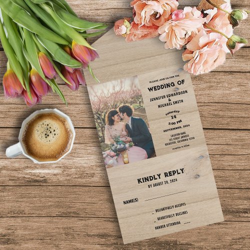 Rustic barn wood country photo Wedding All In One Invitation