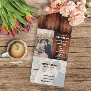 Rustic barn wood country photo Wedding All In One Invitation