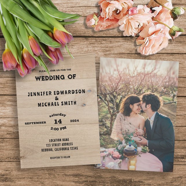 Rustic barn wood country photo wedding invitation (Rustic barn wood typography, photo rural country wedding invitation.)