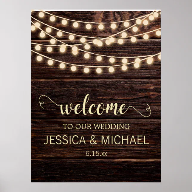 Rustic Barn Wood Country String Lights Wedding Poster | Zazzle