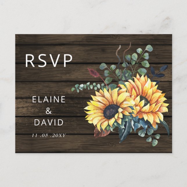 Rustic Barn Wood Country Sunflowers RSVP Invitation Postcard (Front)