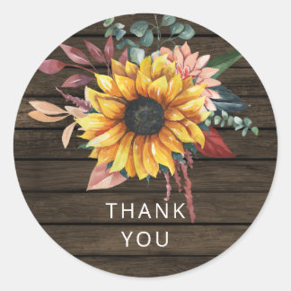 Rustic Barn Wood Country Sunflowers Thank You Classic Round Sticker