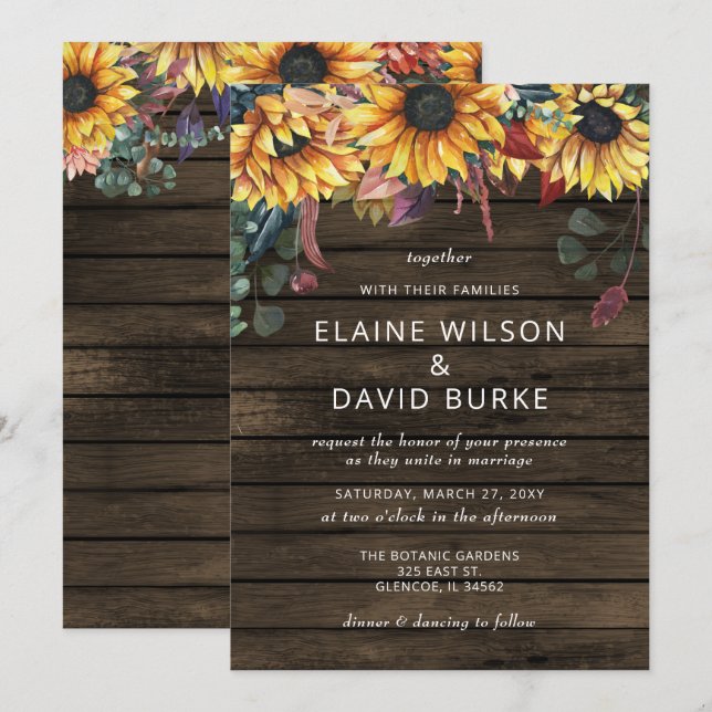 Rustic Barn Wood Country Sunflowers Wedding Invitation (Front/Back)