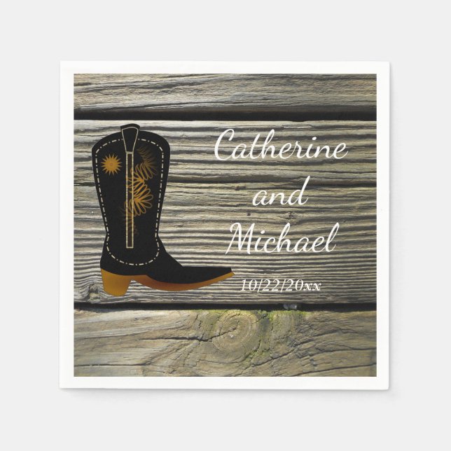 Rustic Barn Wood Country Wedding Cowboy Boot Paper Napkins (Front)