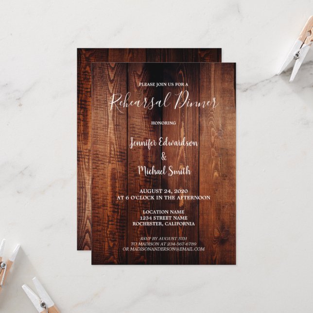 Rustic barn wood country wedding rehearsal dinner invitation (Front/Back In Situ)