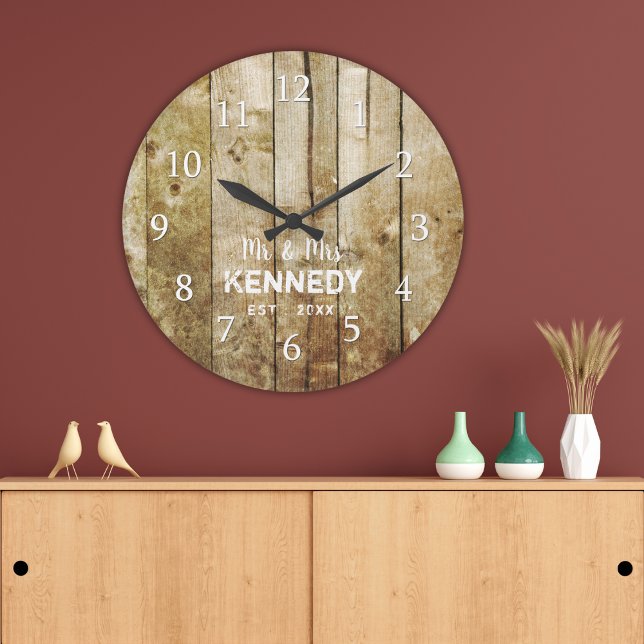 Rustic Barn Wood Couple Name Wedding Anniversary Large Clock (Rustic Barn Wood Couple Name Wedding Anniversary Large Clock - Anniversary gift ideas)