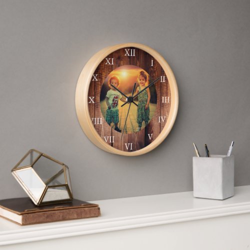 Rustic barn wood custom family photo wood frame clock