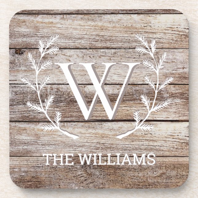 Rustic Barn Wood Custom Monogrammed and Named Beverage Coaster (Front)