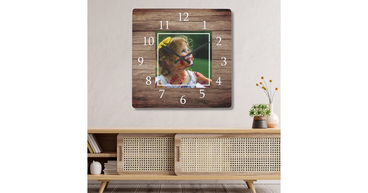 Rustic Barn Wood Custom Photo Square Wall Clock | Zazzle