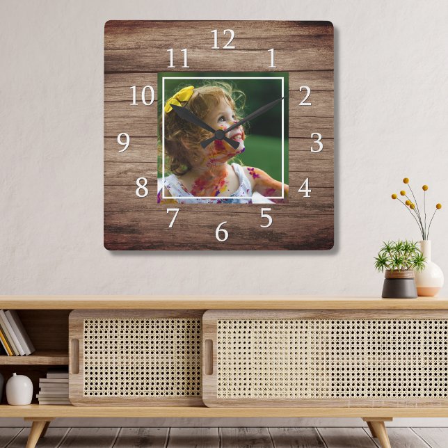 Rustic Barn Wood Custom Photo Square Wall Clock (Creator Uploaded)