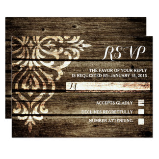 Rustic Barn Wood Damask Vintage Wedding RSVP Card