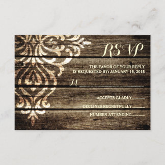 Rustic Barn Wood Damask Vintage Wedding RSVP Card
