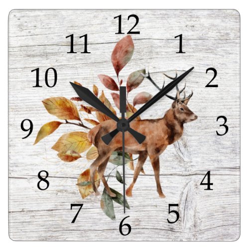 Rustic Barn Wood Deer Antlers Fall Foliage Square Wall Clock
