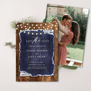 Rustic Barn Wood Denim Photo Wedding Save Date Invitation