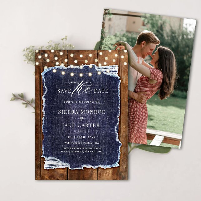 Rustic Barn Wood Denim Photo Wedding Save Date Invitation (rustic wedding save the date barn wood denim string lights ranch country western backyard white blue)