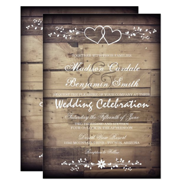 Rustic Barn Wood Double Hearts Wedding Invitations