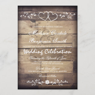 Rustic Barn Wood Double Hearts Wedding Invitations
