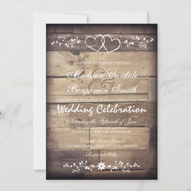 Rustic Barn Wood Double Hearts Wedding Invitations (Front)