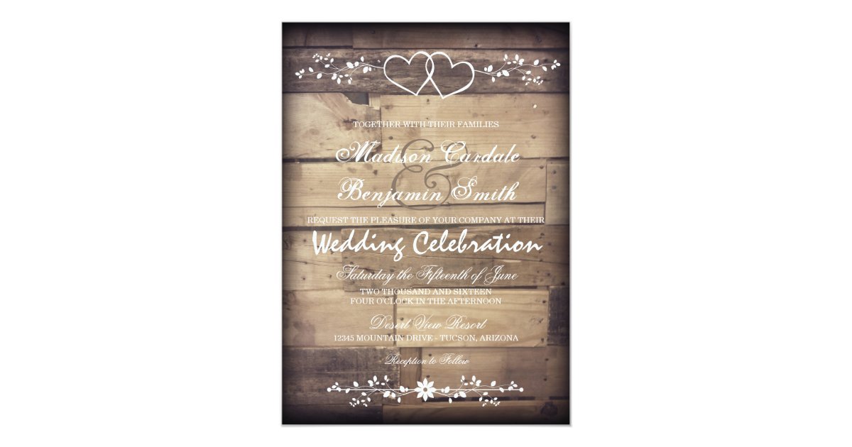 Rustic Barn Wood Double Hearts Wedding Invitations Zazzle Com