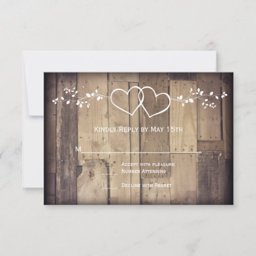 Rustic Barn Wood Double Hearts Wedding RSVP Cards