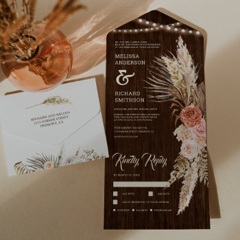 Rustic Barn Wood Earthy Floral Boho Pampas Wedding All In One Invitation by ShabzDesigns at Zazzle