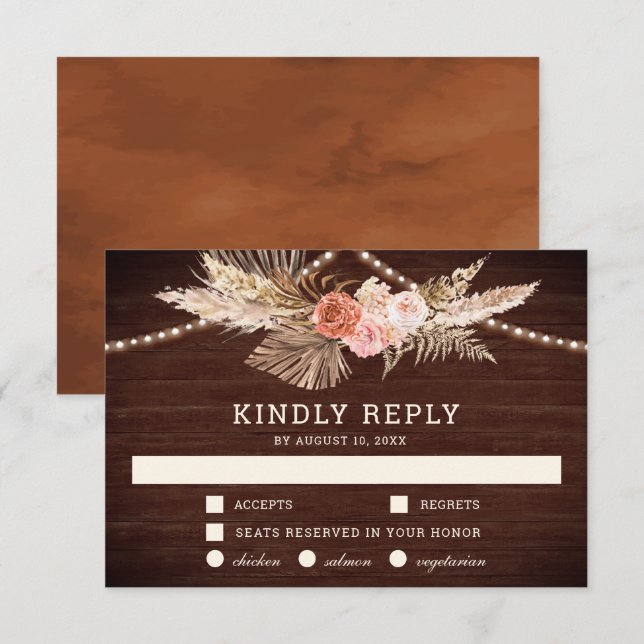 Rustic Barn Wood Earthy Floral Boho Pampas Wedding RSVP Card (Front/Back)