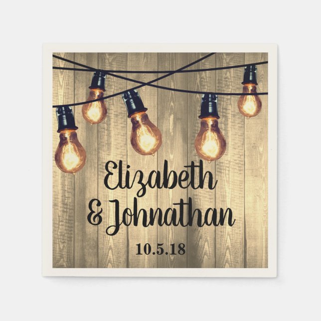 Rustic Barn Wood & Edison Bulb String Lights Napkins (Front)